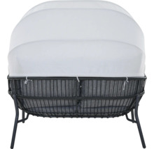 Garten-Sonneninsel mit weißem Verdeck, Rückansicht, dunkles Metallgestell und graue Kissen.