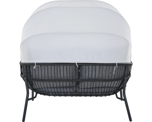 Garten-Sonneninsel mit weißem Verdeck, Rückansicht, dunkles Metallgestell und graue Kissen.