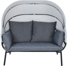 Gartensofa mit Sonnendach, Zweisitzer mit grauen Polstern und schwarzem Metallgestell.