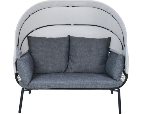 Gartensofa mit Sonnendach, Zweisitzer mit grauen Polstern und schwarzem Metallgestell.