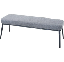 Gepolsterte Sitzbank mit grauem Textilbezug und schwarzen Metallfüßen.