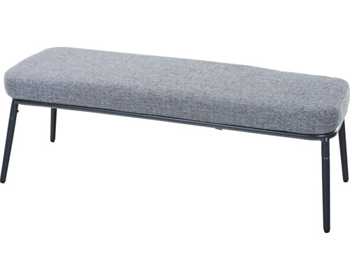 Gepolsterte Sitzbank mit grauem Textilbezug und schwarzen Metallfüßen.