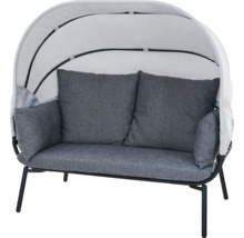 Garten-Loungesofa mit verstellbarem Sonnendach, Metallgestell und grauen Kissen.