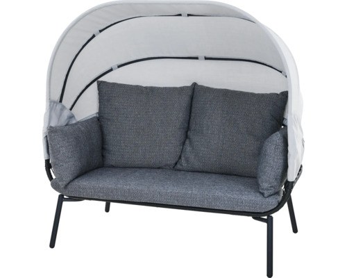 Garten-Loungesofa mit verstellbarem Sonnendach, Metallgestell und grauen Kissen.