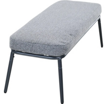 Gepolsterte Sitzbank mit grauem Stoffbezug und schwarzen Metallbeinen.