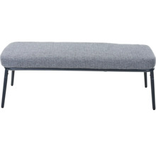 Gepolsterte Sitzbank mit grauem Stoffbezug und schwarzem Metallgestell.