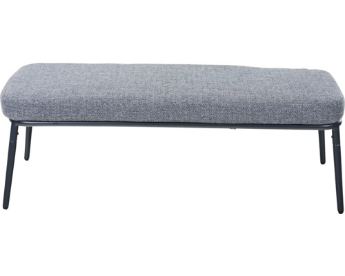 Gepolsterte Sitzbank mit grauem Stoffbezug und schwarzem Metallgestell.