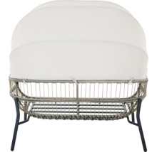 Gartensofa mit weißem Sonnendach, hellgrauem Polyrattan-Geflecht und dunklem Metallgestell, Rückansicht.
