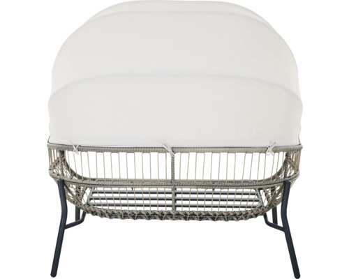 Gartensofa mit weißem Sonnendach, hellgrauem Polyrattan-Geflecht und dunklem Metallgestell, Rückansicht.
