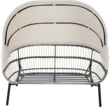 Gartensofa mit Metallgestell, grauem Geflecht und cremefarbenem faltbarem Sonnendach.