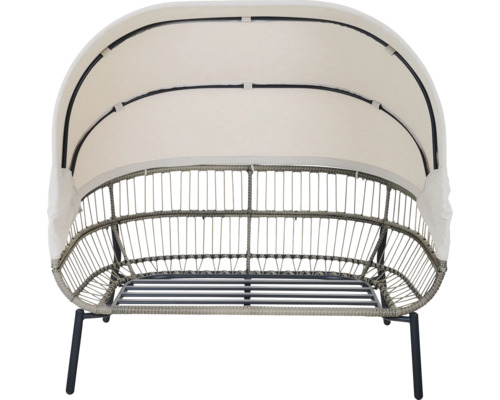 Gartensofa mit Metallgestell, grauem Geflecht und cremefarbenem faltbarem Sonnendach.
