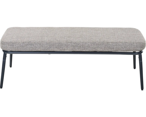 Gepolsterte Sitzbank mit grauem Stoffbezug und dunklem Metallgestell.
