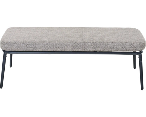Gepolsterte Sitzbank mit grauem Stoffbezug und schwarzem Metallgestell.