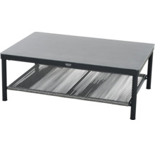 Siena Garden Couchtisch für den Garten mit Metallgestell, rechteckiger Glasplatte und einer Ablage aus Kordelgeflecht.