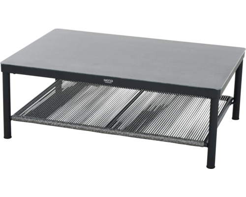 Siena Garden Couchtisch für den Garten mit Metallgestell, rechteckiger Glasplatte und einer Ablage aus Kordelgeflecht.