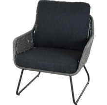 Garten-Loungesessel mit grauem Seilgeflecht, anthrazitfarbenen Sitzkissen und schwarzem Metall-Kufengestell.