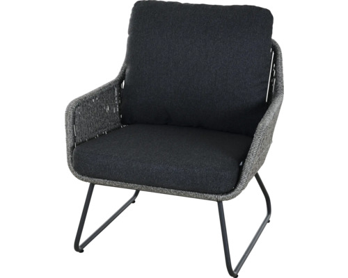 Garten-Loungesessel mit grauem Seilgeflecht, anthrazitfarbenen Sitzkissen und schwarzem Metall-Kufengestell.