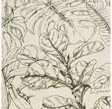 Strukturierte Vliestapete mit skizziertem tropischem Blättermuster und Monstera-Blättern.