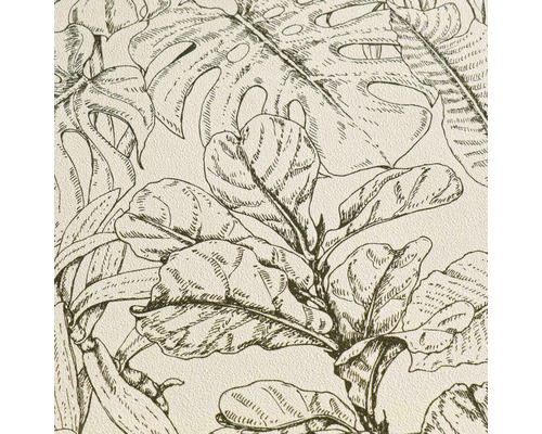 Strukturierte Vliestapete mit skizziertem tropischem Blättermuster und Monstera-Blättern.