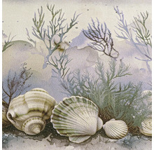 Vliestapete mit maritimen Motiven, Muscheln und Unterwasserpflanzen in Aquarell-Optik.