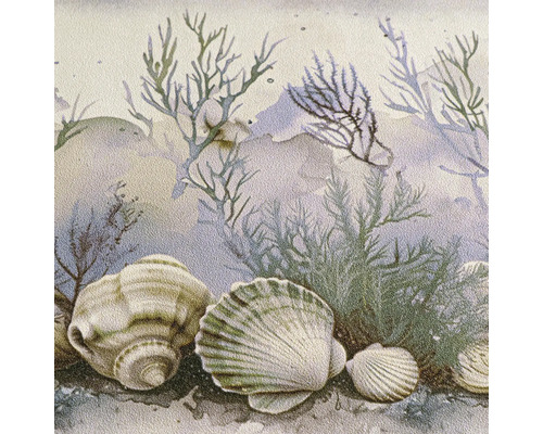 Vliestapete mit maritimen Motiven, Muscheln und Unterwasserpflanzen in Aquarell-Optik.