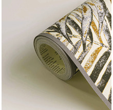 Rolle strukturierter Tapete mit tropischem Blattmuster in Gold und Grau.