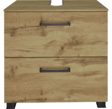 Waschbeckenunterschrank in Holzoptik mit zwei Schubladen und schwarzen Griffen.