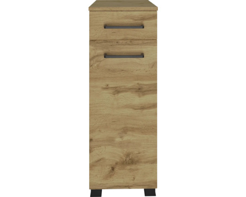 Schmaler Schrank in Eichenoptik mit einer Schublade, einer Tür und schwarzen Griffen.
