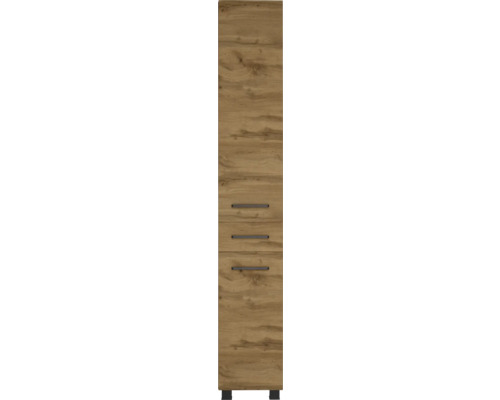 Hoher, schmaler Badschrank in Eiche-Optik mit einer Tür, drei Schubladen und schwarzen Griffen.