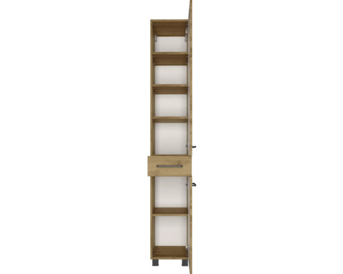 Offener Badezimmer-Hochschrank in Eichenoptik mit Einlegeböden, einer Schublade und schwarzen Griffen.