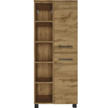 Schrank in Holzoptik mit fünf offenen Regalfächern und zwei Türen mit schwarzen Griffen.