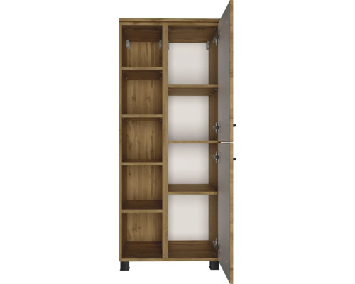 Hochschrank in Eichenoptik mit offenen Regalfächern und zwei geöffneten Türen.