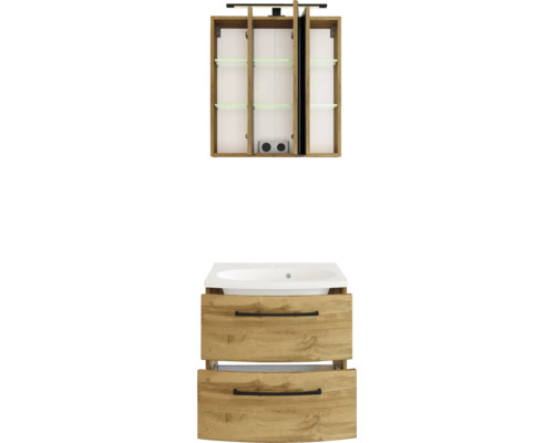 Badezimmermöbel Set aus Waschtischunterschrank mit zwei Schubladen, Waschbecken und dreitürigem Spiegelschrank in Eichenoptik mit LED-Beleuchtung.