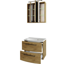 Badezimmermöbel-Set bestehend aus Spiegelschrank mit LED-Beleuchtung und Waschtischunterschrank mit Waschbecken und zwei Schubladen in Holzoptik.