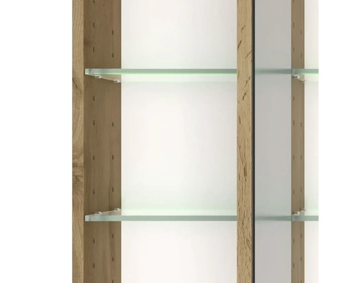 Schrankinnenraum mit Glasböden, integrierter Beleuchtung und Seitenwänden in Holzoptik.