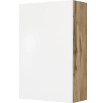 Küchen-Oberschrank mit weißer Hochglanzfront und Korpus in Eichenoptik.