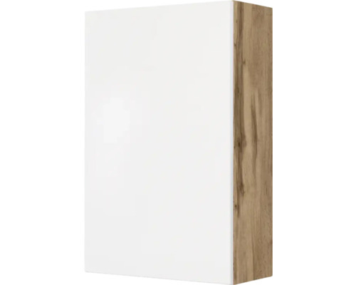 Küchen-Oberschrank mit weißer Hochglanzfront und Korpus in Eichenoptik.