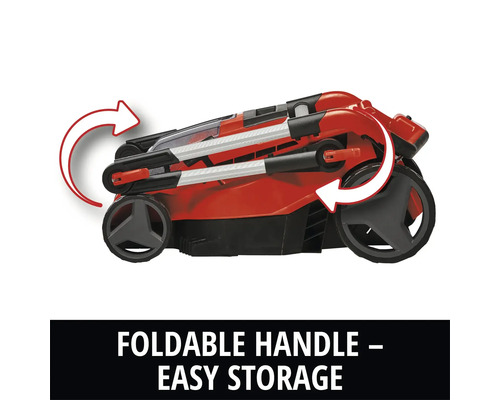Zusammengeklappter Rasenmäher mit einklappbarem Griff für einfache Lagerung