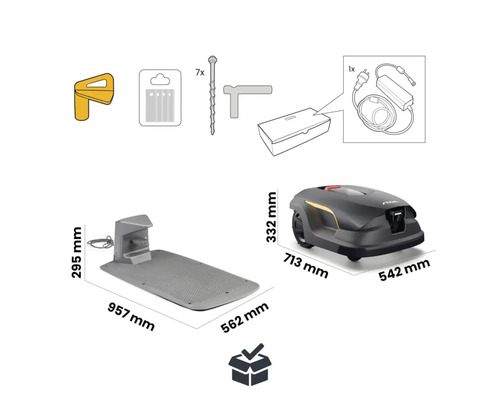 Rasenmähroboter mit Ladestation, Heringen, Ersatzklingen, Stromkabel und Bedienwerkzeug mit Maßangaben