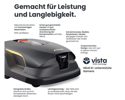 Detailansicht eines Stiga Rasenmähroboters, der für Leistung und lange Lebensdauer gefertigt ist.