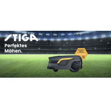 STIGA Logo. Automower im Stadion auf Rasen für Sportplätze oder große Flächen.