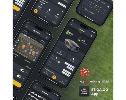 Mehrere Smartphones zeigen die STIGA GO App für Rasenmähroboter, inklusive Red Dot Gewinner 2025 Logo.