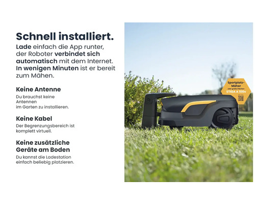 Rasenmähroboter auf Rasen mit Hinweisschild