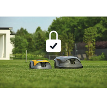 Zwei Rasenmähroboter auf einer Rasenfläche mit einem Schlosssymbol