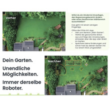 Vorher-nachher-Ansicht eines Gartens mit verschiedenen Mähbereichen, die durch eine App angepasst wurden, um die Mähbereiche zu definieren.