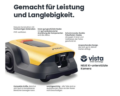 Gelber und schwarzer Rasenmähroboter mit Stiga Logo
