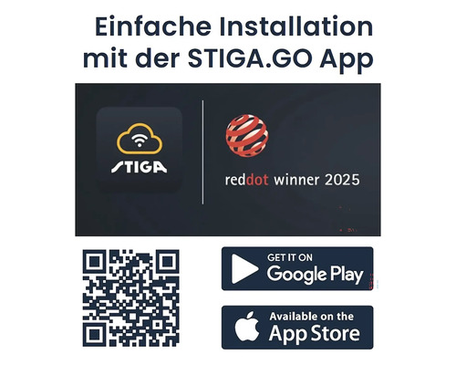 Einfache Installation mit der STIGA.GO App, STIGA Logo, Red Dot Gewinner 2025 Siegel, Google Play Store Button, App Store Button und QR Code