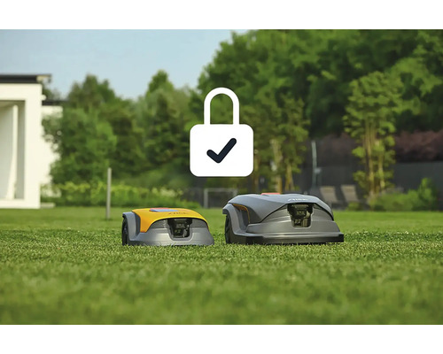 Zwei Rasenmähroboter auf Rasen mit Schloss-Symbol