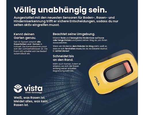 Gelber Rasenmähroboter von Stiga mit Hindernissensoren