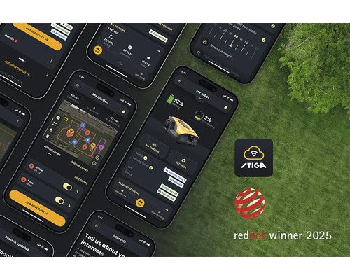 Mehrere Smartphones zeigen die App zur Steuerung eines Robotermähers, Stiga Logo und Red Dot Winner 2025 Auszeichnung.